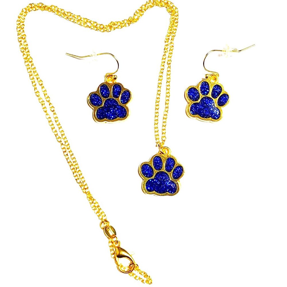Blue Paw Sparkly Gold Plated Earrings & Necklace Set NWT